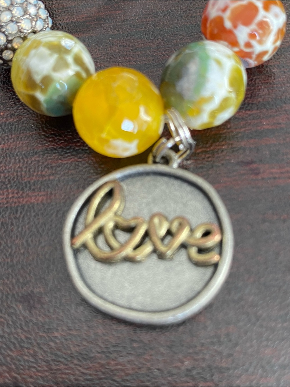 Multicolor Fire/Dragon Vein Agate Beaded Bracelet with a silver 2 side charm - Picture 7 of 17